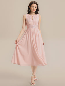Color=Pink | Factory Design Sleeveless Ruched A-Line Midi Length Round Neck Bridesmaid Dresses-Pink 14