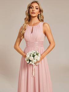 Color=Pink | Factory Design Sleeveless Ruched A-Line Midi Length Round Neck Bridesmaid Dresses-Pink 13