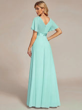 Load image into Gallery viewer, Color=Pastel blue | Commercial Wholesale Short Sleeve Ruffle V-Neck Pleated A-Line Floor Length Bridesmaid Dresses 2