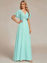 Load image into Gallery viewer, Color=Pastel blue | Commercial Wholesale Short Sleeve Ruffle V-Neck Pleated A-Line Floor Length Bridesmaid Dresses 3