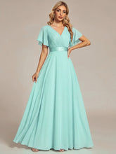 Load image into Gallery viewer, Color=Pastel blue | Commercial Wholesale Short Sleeve Ruffle V-Neck Pleated A-Line Floor Length Bridesmaid Dresses 4