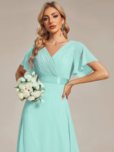 Load image into Gallery viewer, Color=Pastel blue | Commercial Wholesale Short Sleeve Ruffle V-Neck Pleated A-Line Floor Length Bridesmaid Dresses 5