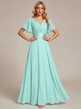 Load image into Gallery viewer, Color=Pastel blue | Commercial Wholesale Short Sleeve Ruffle V-Neck Pleated A-Line Floor Length Bridesmaid Dresses 1