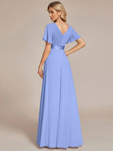 Load image into Gallery viewer, Color=Cornflower Blue | Commercial Wholesale Short Sleeve Ruffle V-Neck Pleated A-Line Floor Length Bridesmaid Dresses 2