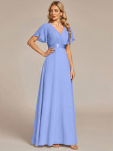 Load image into Gallery viewer, Color=Cornflower Blue | Commercial Wholesale Short Sleeve Ruffle V-Neck Pleated A-Line Floor Length Bridesmaid Dresses 3