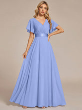 Load image into Gallery viewer, Color=Cornflower Blue | Commercial Wholesale Short Sleeve Ruffle V-Neck Pleated A-Line Floor Length Bridesmaid Dresses 4