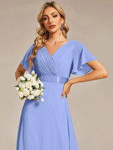 Load image into Gallery viewer, Color=Cornflower Blue | Commercial Wholesale Short Sleeve Ruffle V-Neck Pleated A-Line Floor Length Bridesmaid Dresses 5