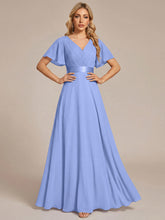 Load image into Gallery viewer, Color=Cornflower Blue | Commercial Wholesale Short Sleeve Ruffle V-Neck Pleated A-Line Floor Length Bridesmaid Dresses 1