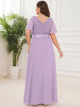 Load image into Gallery viewer, Color=Frosted Lilac | Commercial Wholesale Short Sleeve Ruffle V-Neck Pleated A-Line Floor Length Bridesmaid Dresses-Frosted Lilac 7