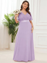 Load image into Gallery viewer, Color=Frosted Lilac | Commercial Wholesale Short Sleeve Ruffle V-Neck Pleated A-Line Floor Length Bridesmaid Dresses-Frosted Lilac 9