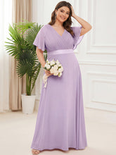 Load image into Gallery viewer, Color=Frosted Lilac | Commercial Wholesale Short Sleeve Ruffle V-Neck Pleated A-Line Floor Length Bridesmaid Dresses-Frosted Lilac 10
