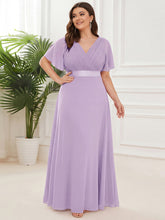 Load image into Gallery viewer, Color=Frosted Lilac | Commercial Wholesale Short Sleeve Ruffle V-Neck Pleated A-Line Floor Length Bridesmaid Dresses-Frosted Lilac 6