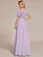 Load image into Gallery viewer, Color=Frosted Lilac | Commercial Wholesale Short Sleeve Ruffle V-Neck Pleated A-Line Floor Length Bridesmaid Dresses-Frosted Lilac 2