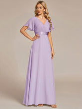 Load image into Gallery viewer, Color=Frosted Lilac | Commercial Wholesale Short Sleeve Ruffle V-Neck Pleated A-Line Floor Length Bridesmaid Dresses-Frosted Lilac 4