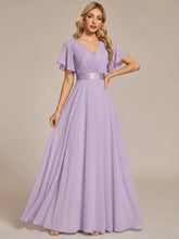Load image into Gallery viewer, Color=Frosted Lilac | Commercial Wholesale Short Sleeve Ruffle V-Neck Pleated A-Line Floor Length Bridesmaid Dresses-Frosted Lilac 5