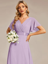 Load image into Gallery viewer, Color=Frosted Lilac | Commercial Wholesale Short Sleeve Ruffle V-Neck Pleated A-Line Floor Length Bridesmaid Dresses-Frosted Lilac 3