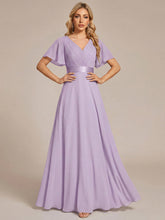 Load image into Gallery viewer, Color=Frosted Lilac | Commercial Wholesale Short Sleeve Ruffle V-Neck Pleated A-Line Floor Length Bridesmaid Dresses-Frosted Lilac 1