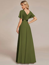 Load image into Gallery viewer, Color=Olive Green | Commercial Wholesale Short Sleeve Ruffle V-Neck Pleated A-Line Floor Length Bridesmaid Dresses 2