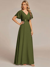 Load image into Gallery viewer, Color=Olive Green | Commercial Wholesale Short Sleeve Ruffle V-Neck Pleated A-Line Floor Length Bridesmaid Dresses 3