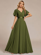 Load image into Gallery viewer, Color=Olive Green | Commercial Wholesale Short Sleeve Ruffle V-Neck Pleated A-Line Floor Length Bridesmaid Dresses 4