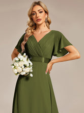 Load image into Gallery viewer, Color=Olive Green | Commercial Wholesale Short Sleeve Ruffle V-Neck Pleated A-Line Floor Length Bridesmaid Dresses 5