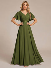 Load image into Gallery viewer, Color=Olive Green | Commercial Wholesale Short Sleeve Ruffle V-Neck Pleated A-Line Floor Length Bridesmaid Dresses 1
