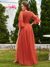 Load image into Gallery viewer, Color=Burnt Orange | Romantic Long Lantern Sleeves Split Tulle Bridesmaid Dresses with Chain Empire Waist-Burnt Orange 2