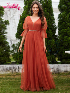 Color=Burnt Orange | Romantic Long Lantern Sleeves Split Tulle Bridesmaid Dresses with Chain Empire Waist-Burnt Orange 3