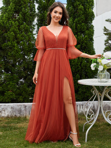 Color=Burnt Orange | Romantic Long Lantern Sleeves Split Tulle Bridesmaid Dresses with Chain Empire Waist-Burnt Orange 4