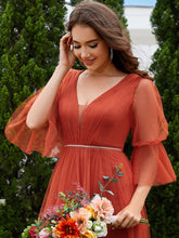 Load image into Gallery viewer, Color=Burnt Orange | Romantic Long Lantern Sleeves Split Tulle Bridesmaid Dresses with Chain Empire Waist-Burnt Orange 5