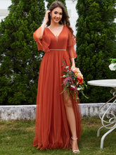 Load image into Gallery viewer, Color=Burnt Orange | Romantic Long Lantern Sleeves Split Tulle Bridesmaid Dresses with Chain Empire Waist-Burnt Orange 1