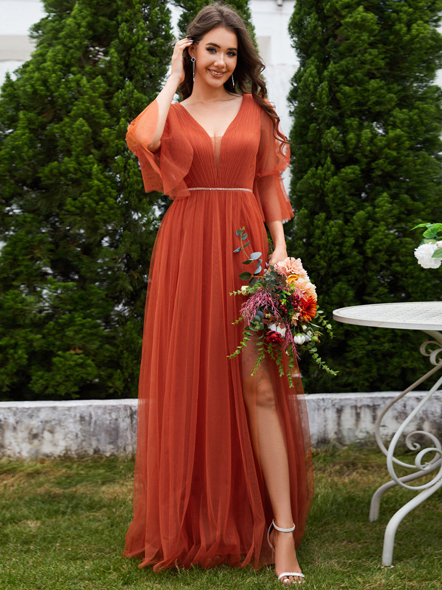 Color=Burnt Orange | Romantic Long Lantern Sleeves Split Tulle Bridesmaid Dresses with Chain Empire Waist-Burnt Orange 1