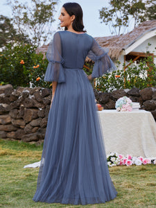 Romantic Long Lantern Sleeves Split Tulle Bridesmaid Dresses with Chain Empire Waist