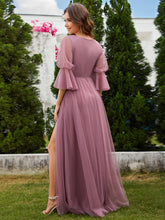 Load image into Gallery viewer, Color=Orchid | Romantic Long Lantern Sleeves Split Tulle Bridesmaid Dresses with Chain Empire Waist-Orchid 7