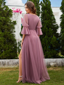 Color=Orchid | Romantic Long Lantern Sleeves Split Tulle Bridesmaid Dresses with Chain Empire Waist-Orchid 7