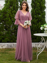 Load image into Gallery viewer, Color=Orchid | Romantic Long Lantern Sleeves Split Tulle Bridesmaid Dresses with Chain Empire Waist-Orchid 8