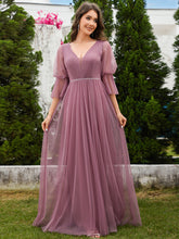 Load image into Gallery viewer, Color=Orchid | Romantic Long Lantern Sleeves Split Tulle Bridesmaid Dresses with Chain Empire Waist-Orchid 9