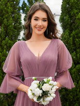 Load image into Gallery viewer, Color=Orchid | Romantic Long Lantern Sleeves Split Tulle Bridesmaid Dresses with Chain Empire Waist-Orchid 10