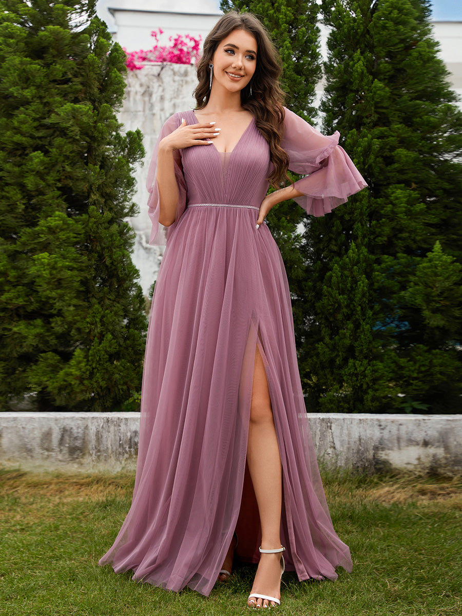 Romantic Long Lantern Sleeves Split Tulle Bridesmaid Dresses with Chai Efashiongirl Wholesale Romantic Long Lantern Sleeves Split Tulle Bridesmaid Dresses with Chai Efashiongirl Wholesale