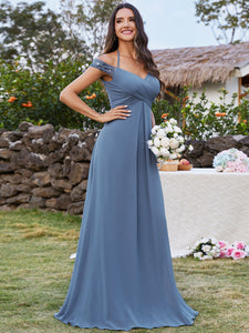 Color=Dusty Navy | Exquisite Bandage Off Shoulder Spaghetti Strap Evening Chiffon Bridesmaid Dresses with Asymmetrical Embroidery-Dusty Navy 3