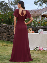 Load image into Gallery viewer, U-Neck Ruffle Sleeve High Slit A-Line Bridesmaid Dress with Back Tie #color_Burgundy