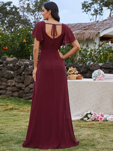 U-Neck Ruffle Sleeve High Slit A-Line Bridesmaid Dress with Back Tie #color_Burgundy