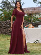 Load image into Gallery viewer, U-Neck Ruffle Sleeve High Slit A-Line Bridesmaid Dress with Back Tie #color_Burgundy