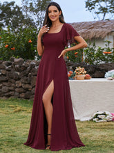 Load image into Gallery viewer, U-Neck Ruffle Sleeve High Slit A-Line Bridesmaid Dress with Back Tie #color_Burgundy