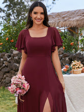 Load image into Gallery viewer, U-Neck Ruffle Sleeve High Slit A-Line Bridesmaid Dress with Back Tie #color_Burgundy