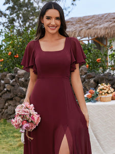 U-Neck Ruffle Sleeve High Slit A-Line Bridesmaid Dress with Back Tie #color_Burgundy