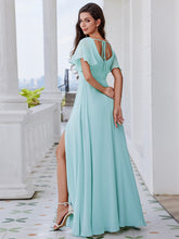 Load image into Gallery viewer, U-Neck Ruffle Sleeve High Slit A-Line Bridesmaid Dress with Back Tie #color_Sky Blue