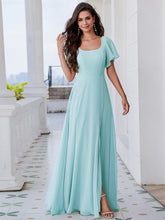 Load image into Gallery viewer, U-Neck Ruffle Sleeve High Slit A-Line Bridesmaid Dress with Back Tie #color_Sky Blue