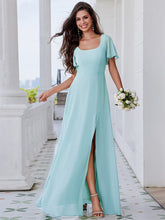 Load image into Gallery viewer, U-Neck Ruffle Sleeve High Slit A-Line Bridesmaid Dress with Back Tie #color_Sky Blue