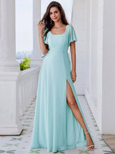 Load image into Gallery viewer, U-Neck Ruffle Sleeve High Slit A-Line Bridesmaid Dress with Back Tie #color_Sky Blue